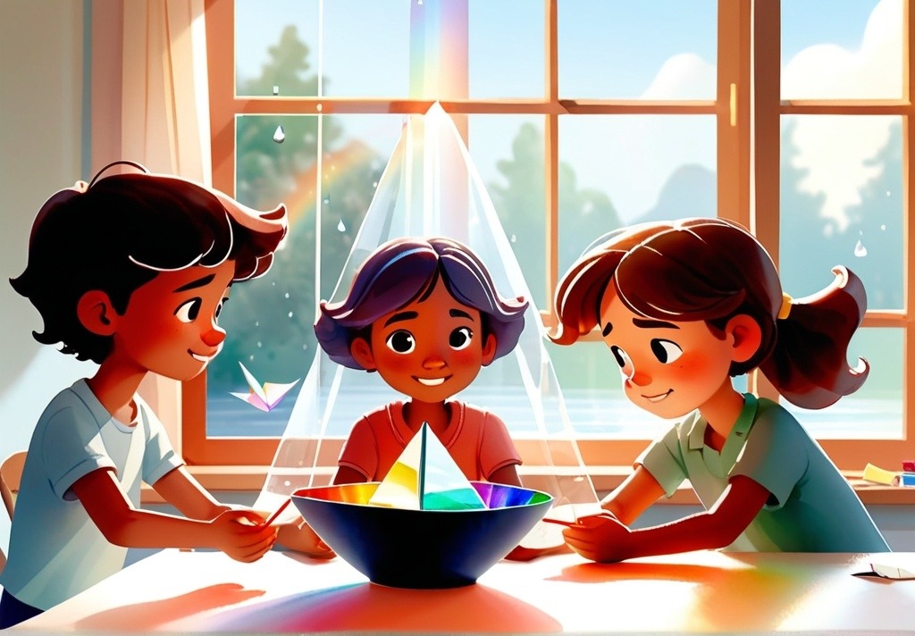 Family exploring simple experiments at a sunlit table
